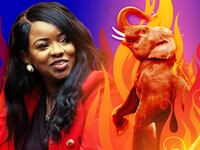 A photo illustration of Rep. Jasmine Crockett and an elephant on fire.