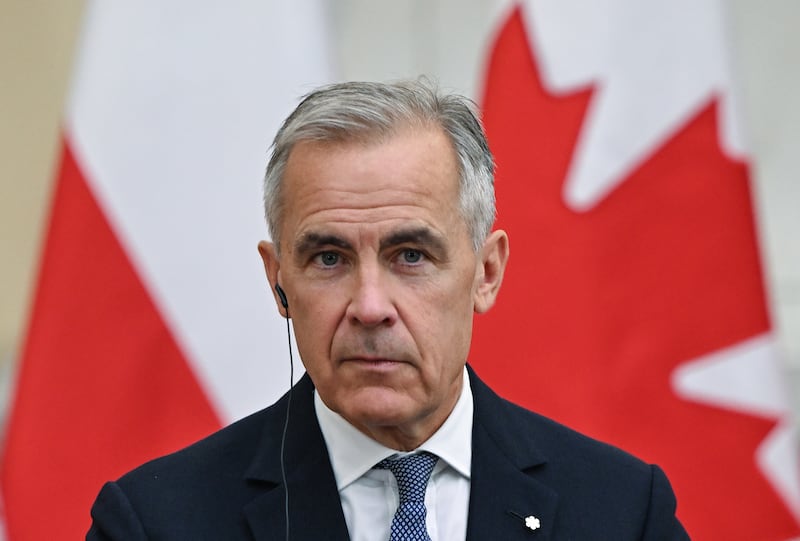 Canadian Prime Minister Mark Carney, addresses the media during a briefing at in Warsaw, Poland, on August 25, 2025.