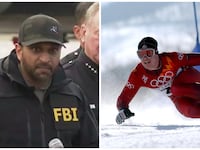A split image of Kash Patel, left, and Ryan Wedding in the Olympics in 2002, right.