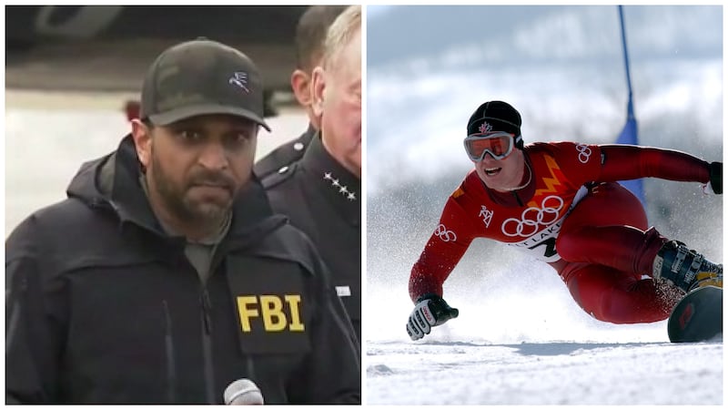 A split image of Kash Patel, left, and Ryan Wedding in the Olympics in 2002, right.