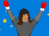Illustration of Kamala Harris as Rocky pumping her fists