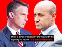 A photo illustration of ABC senior national correspondent Terry Moran, Stephen Miller, and an excerpt of an X/Tweet sent by Moran.
