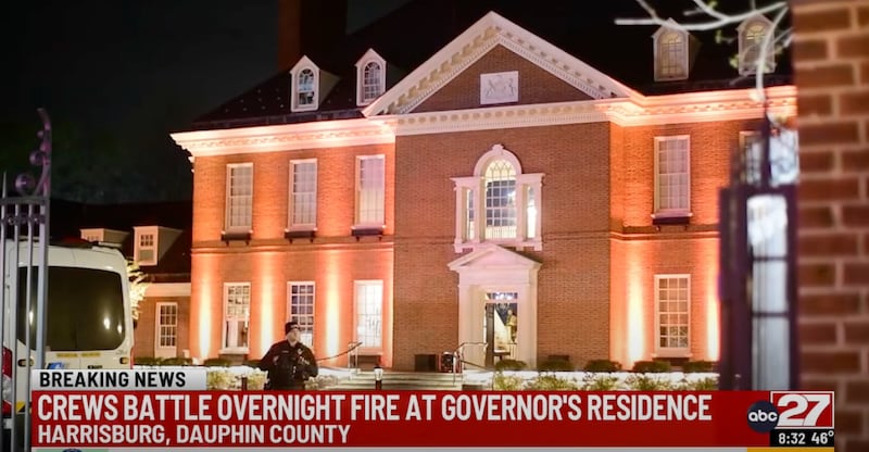The PA Governor's mansion is pictured as firefighters battle an overnight fire.
