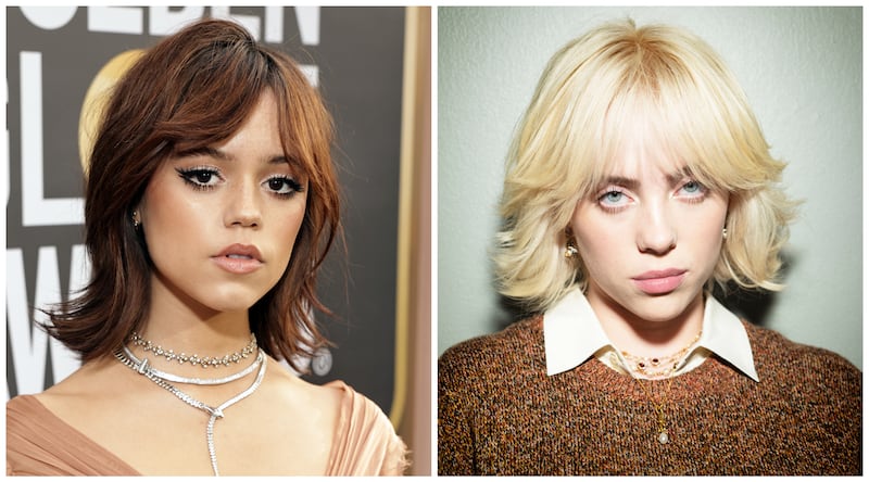 Shoulder-length shags with bangs, as seen on actress Jenna Ortega (L) and musical artist Billie Eilish.