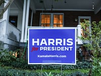 A campaign poster supporting Democratic Party presidential candidate Kamala Harris.
