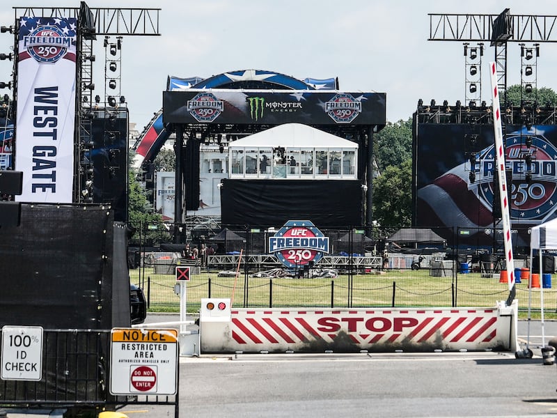 Monster Energy logo on stage for the UFC Freedom 250 event.