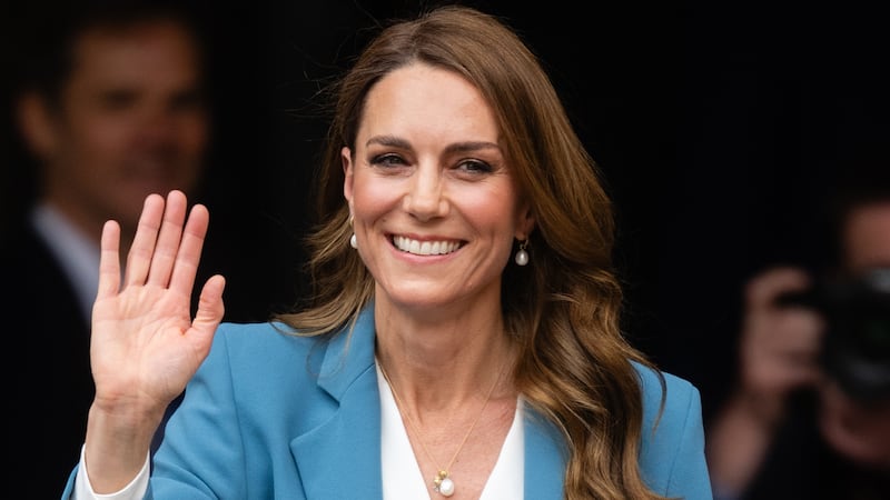 Catherine, Princess of Wales, visits the Piazza Camillo Prampolini in a monochrome blue suit, where she is welcomed to the city at Reggio Emilia’s Town Hall on May 13.