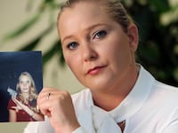 Virginia Giuffre, with a photo of herself as a teen