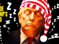 A photo illustration of a sleepy Donald Trump wearing a sleeping cap.