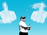 Trump golfing while passing clouds flip him off.