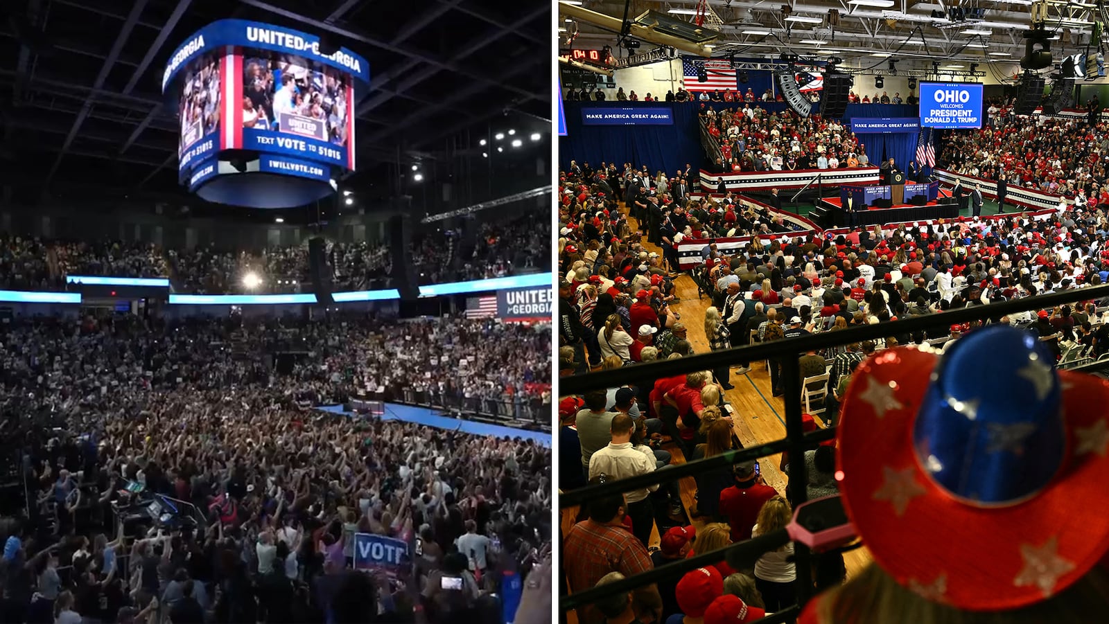 Crowds at Wednesday's Democrat rally, left, compared to the Republican rally, right. Barack Obama X/Getty