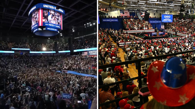Crowds at Wednesday's Democrat rally, left, compared to the Republican rally, right.