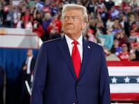 Republican presidential nominee, former U.S. President Donald Trump takes the stage during a campaign rally at the J.S. Dorton Arena on November 04, 2024 in Raleigh, North Carolina.