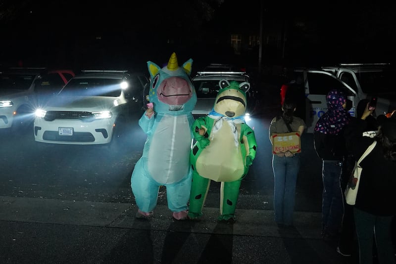 Protesters in costume and otherwise demonstrate as police officers stand guard outside the Department of Homeland Security office on November 16, 2025 in Charlotte, North Carolina.