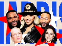 Beyonce Knowles, John Legend, Julia Louis-Dreyfus, Uma Thurman and Anthony Anderson in front of Harris logo.
