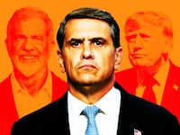 Todd Blanche, Mel Gibson, Donald Trump photo illustration