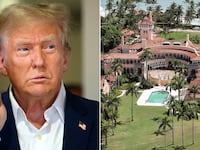 Donald Trump split with aerial view of Mar-a-Lago