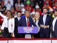 U.S. President Donald Trump with Lara Trump, Michael Boulos, Tiffany Trump, Eric Trump, and Donald Trump Jr.