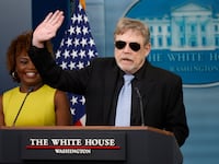 Actor Mark Hamill joins White House Press Secretary Karine Jean-Pierre at the daily press briefing at the White House on May 03, 2024 in Washington, DC.