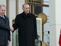 Turkey's President Tayyip Erdogan and Finland's President Sauli Niinisto shake hands during a welcoming ceremony in Ankara, Turkey March 17, 2023.