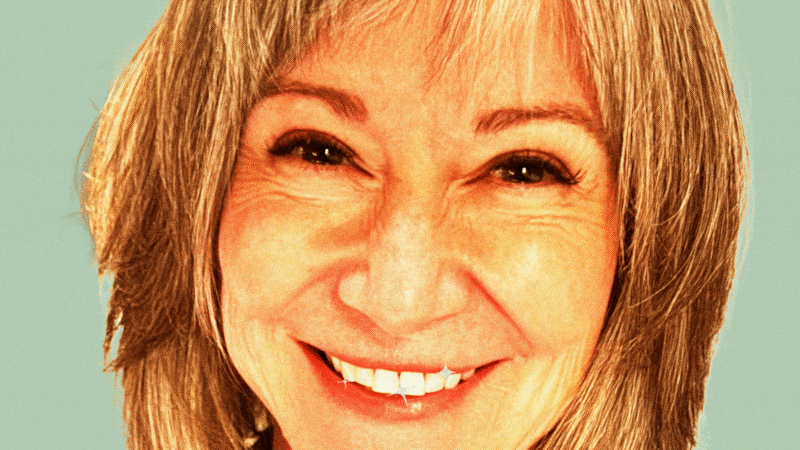 Illustrated gif of a woman smiling with twinkles on her teeth