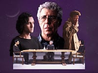 A photo illustration showing Jacob Anderson as Louis De Point Du Lac, Eric Bogosian as Daniel Molloy and Assad Zaman as Armand in Season 2 of Interview With the Vampire.