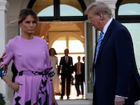 Donald Trump and former first lady Melania Trump arrive at the home of billionaire investor John Paulson in Palm Beach, Florida.