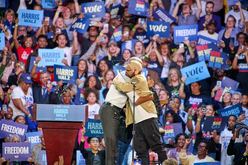 Rapper Eminem introduces former president Barack Obama during a rally to supporters of Vice President Kamala Harris 2024 presidential run in Detroit, MI, Tuesday, Oct. 22, 2024.