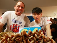 Former champion Takeru Kobayashi and reigning champion Joey Chestnut