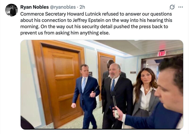 Commerce Secretary Howard Lutnick refused to answer questions about Jeffrey Epstein on his way in and out of his hearing on Tuesday.