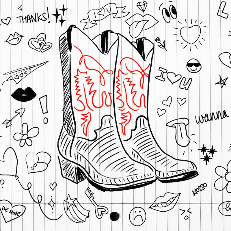 Photo illustration of a lined notebook with high school doodles about love drawn and cowboy boots