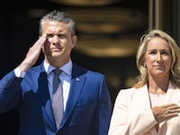 Pete Hegseth and his wife Jennifer Rauchet at an official ceremony at the Pentagon in Washington, United States on July 9, 2025.