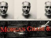 A photo illustration of Jeffrey Epstein and the JPMorgan Chase logo.