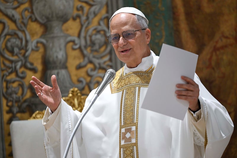 VATICAN CITY, VATICAN - MAY 09: (EDITOR NOTE: STRICTLY EDITORIAL USE ONLY - NO MERCHANDISING). American Cardinal Robert Francis Prevost presides over his first Holy Mass as Pope Leo XIV with cardinals in the Sistine Chapel at the conclusion of the Conclave on May 09, 2025 in Vatican City, Vatican. White smoke was seen over the Vatican early yesterday evening as the Conclave elected the American Cardinal Robert Francis Prevost as the 267th Pontiff. The moderate from Chicago and a close friend of Pope Francis will be known as Pope Leo XIV. (Photo by Simone Risoluti - Vatican Media via Vatican Pool/Getty Images)