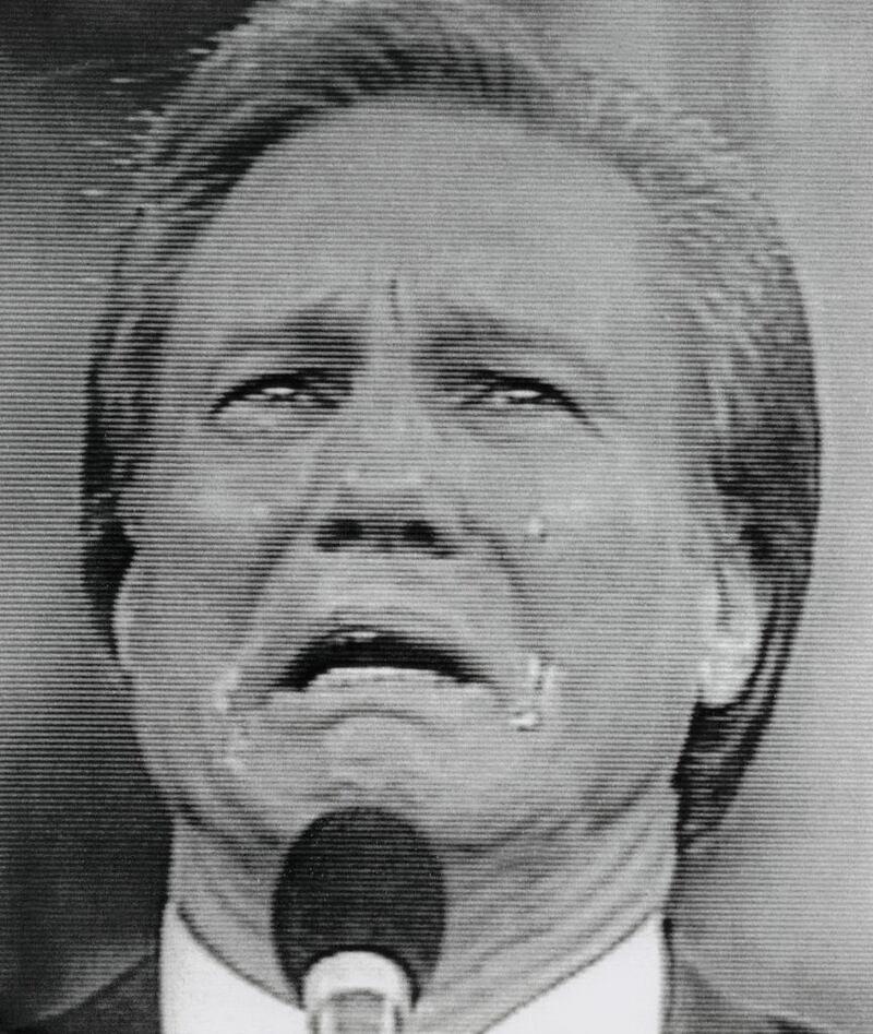 Reverend Jimmy Swaggart tearfully looks up to heaven, asking for God's forgiveness, as he resigns from his ministry on February 21 due to allegations of sexual misconduct. (Photo taken of videotape supplied by Jimmy Swaggart Ministry to WBRZ-TV).