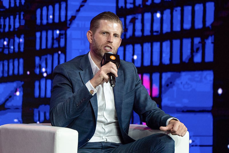 Eric Trump, third child and second son of US President Donald Trump, speaks during the Bitcoin Asia 2025 conference at the Hong Kong Convention and Exhibition Centre in Hong Kong on August 29, 2025.