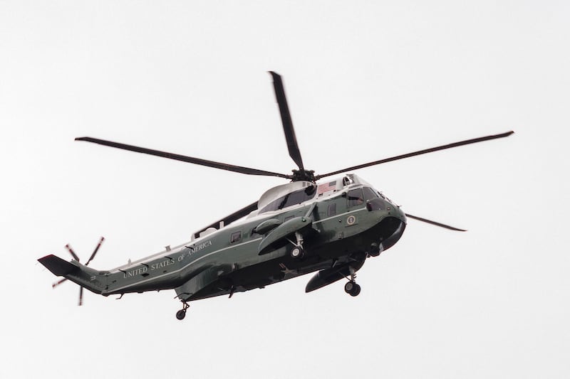 One of the U.S. Marine Corps' helicopters, known as Marine One when carrying the president, is pictured leaving Windsor Castle for Chequers on the final day of the second state visit to the UK of President Donald Trump and First Lady Melania Trump on September 18, 2025.