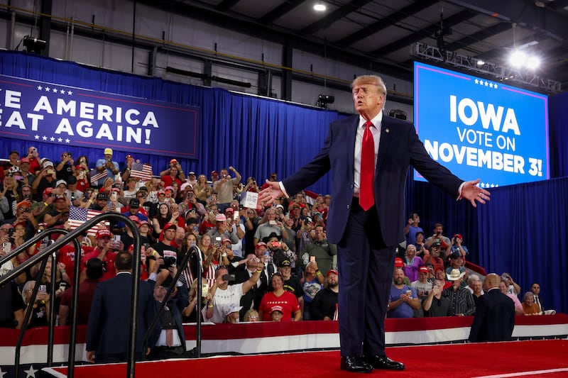President Donald Trump visits reliable Trump-voting state Iowa on panic tour, teasing a third term.