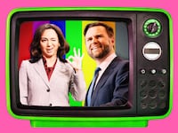 A photo illustration of Maya Rudolph as Kamala Harris and J.D. Vance.