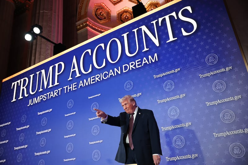 Trump photographed on stage before delivering remarks during the Treasury Department's Trump Accounts Summit on January 28, 2026, in Washington, DC.