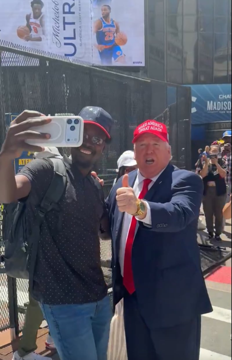 Trump impersonator hams it up outside MSG