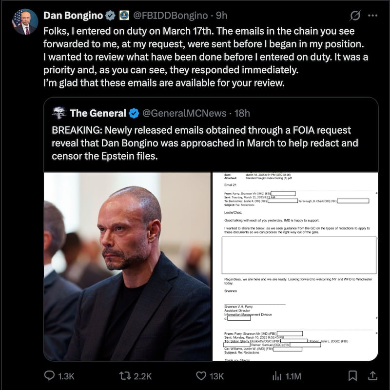 Having based his career on demands to release the Epstein files, Bongino felt forced to address the matter publicly for the first time in more than six months, following the release of an email showing he had known about the government's redaction process since he started work as the FBI's Deputy Director.