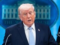 President Donald Trump, pictured April 6, is touting victory in the Iran war, but the country is already planning to charge tankers going through the Strait of Hormuz.