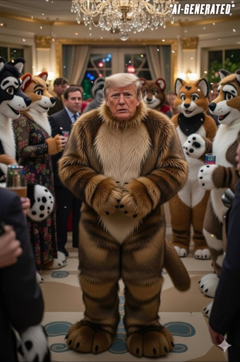An AI-generated image of Donald Trump in a furry costume.