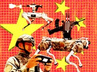 A photo illustration of Chinese military robotic dogs.
