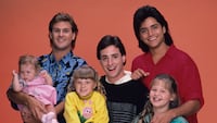 UNITED STATES - SEPTEMBER 22: FULL HOUSE - "Our Very First Show" - Pilot - Season One - Cast gallery - 9/22/87, Bob Saget (centert) played widower Danny Tanner, the father of three girls, from left: Michelle (played by twins Mary Kate/ Ashley Olsen), Stephanie (Jodie Sweetin) and D.J. (Candace Cameron), who had his
