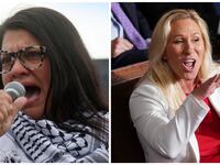 Rashida Tlaib (MI-12) addresses attendees as she takes part in a protest. Marjorie Taylor Greene (R-GA) yells out at House Minority Leader Hakeem Jeffries.