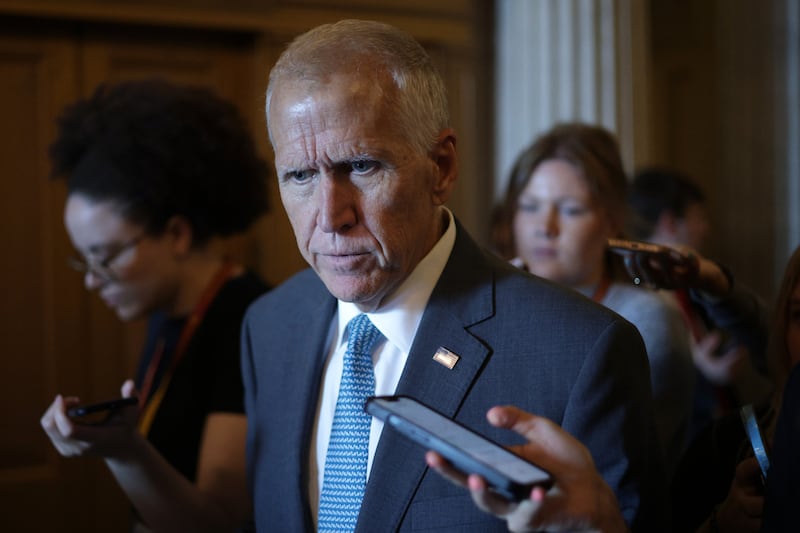 GOP Sen. Thom Tillis speaks to reporters at the U.S. Capitol on June 30, one day after announcing he won't seek re-election and blasted President Trump's "big, beautiful" bill on the Senate floor.