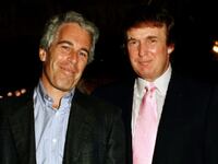 Donald Trump poses for a photo with Jeffrey Epstein.