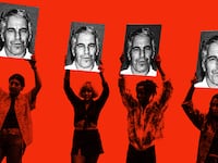 Photo illustration of four women protesting holding photographs of Jeffrey Epstein on a red background.